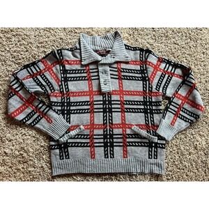 Vintage Kingsport Sweater XL Men Plaid Gray Black Red Mock Neck Buttons Pockets